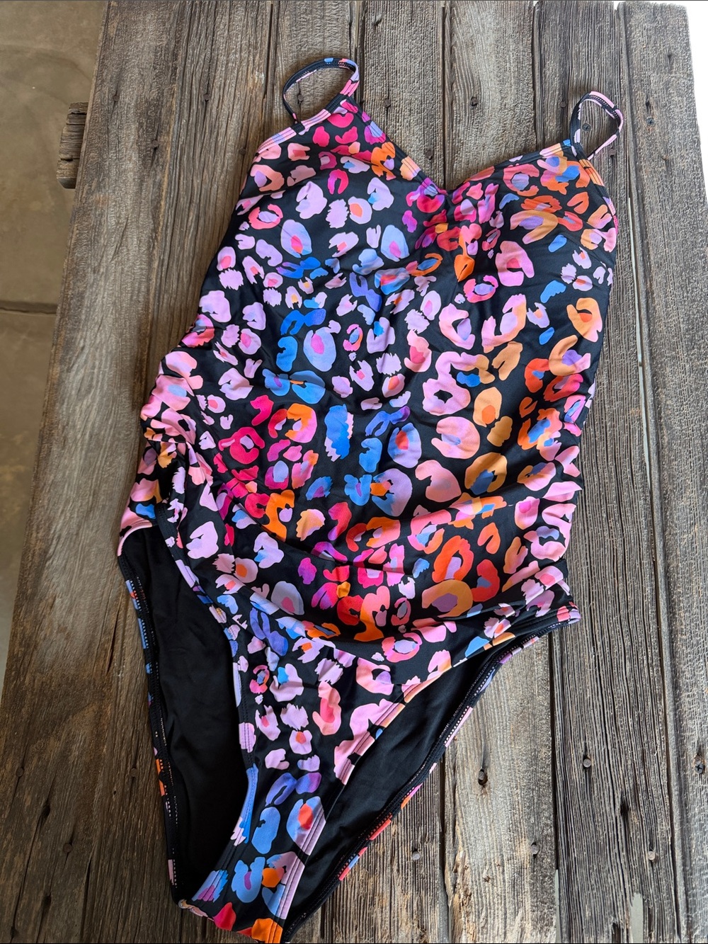 Cupshe Black One-Piece Swimsuit with Pink, Blue & Orange Leopard Print